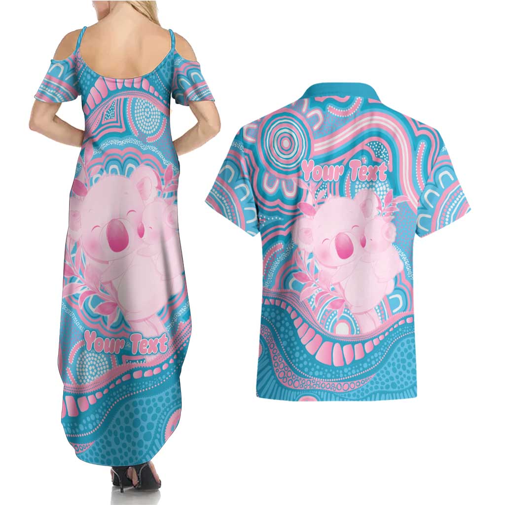 Koala Mum Australia Mother's Day Personalised Couples Matching Summer Maxi Dress and Hawaiian Shirt Pink and Blue Aboriginal Art