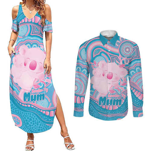 Koala Mum Australia Mother's Day Personalised Couples Matching Summer Maxi Dress and Long Sleeve Button Shirt Pink and Blue Aboriginal Art