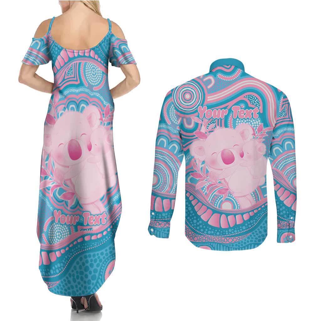 Koala Mum Australia Mother's Day Personalised Couples Matching Summer Maxi Dress and Long Sleeve Button Shirt Pink and Blue Aboriginal Art