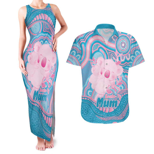 Koala Mum Australia Mother's Day Personalised Couples Matching Tank Maxi Dress and Hawaiian Shirt Pink and Blue Aboriginal Art
