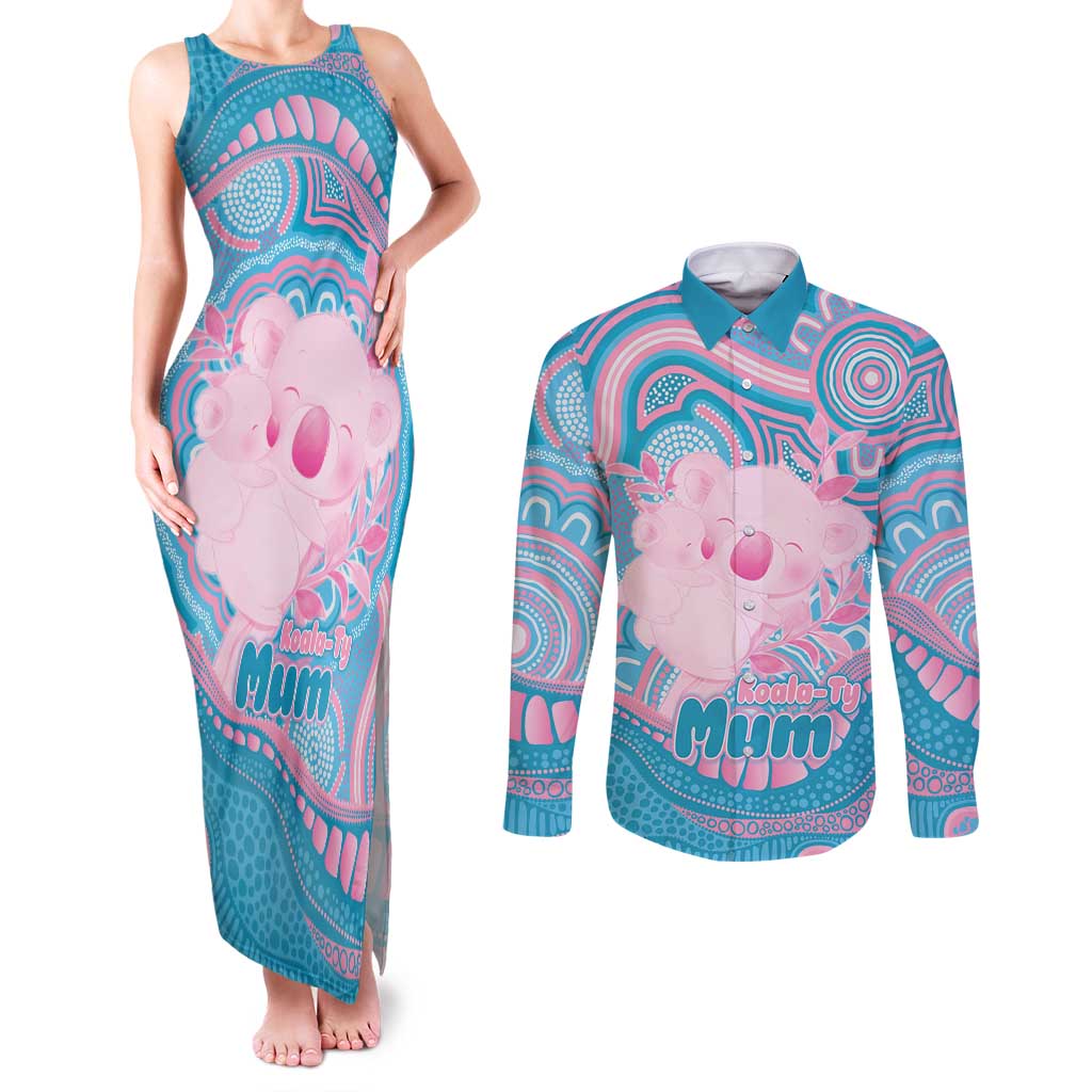 Koala Mum Australia Mother's Day Personalised Couples Matching Tank Maxi Dress and Long Sleeve Button Shirt Pink and Blue Aboriginal Art