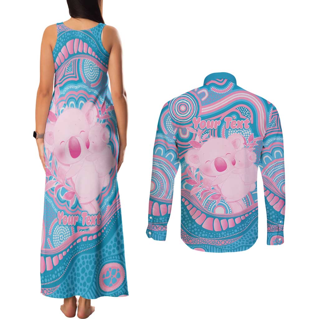Koala Mum Australia Mother's Day Personalised Couples Matching Tank Maxi Dress and Long Sleeve Button Shirt Pink and Blue Aboriginal Art