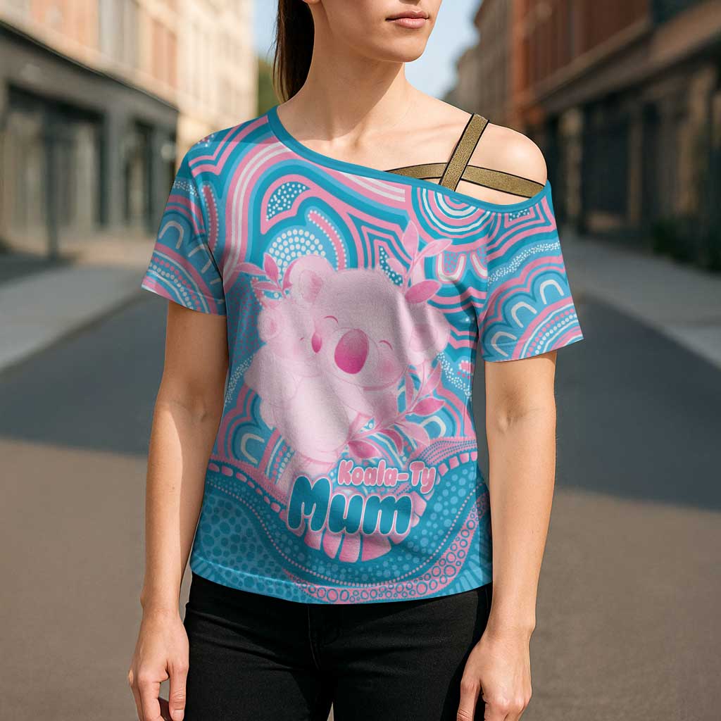 Koala Mum Australia Mother's Day Personalised Cross Shoulder Shirt Pink and Blue Aboriginal Art
