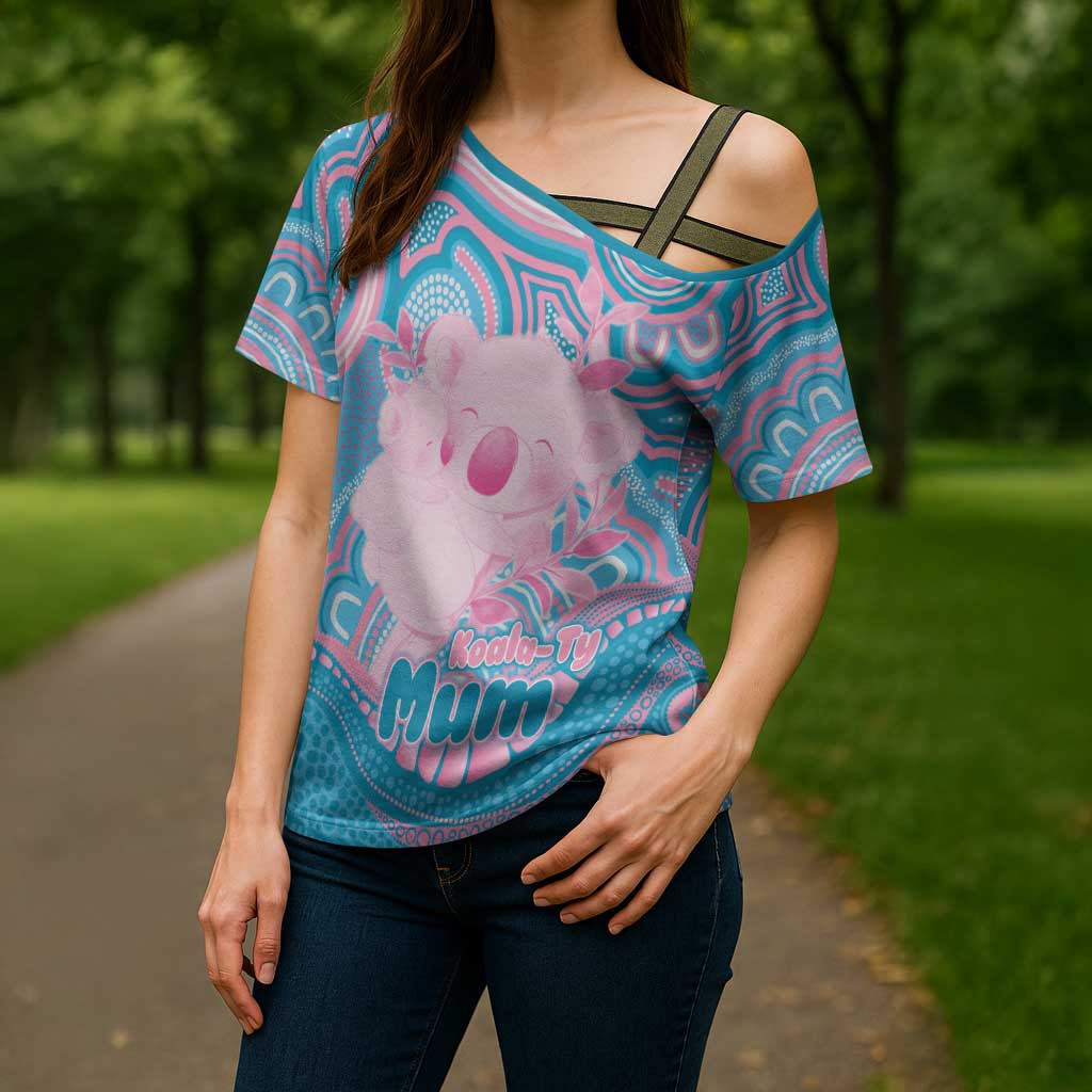 Koala Mum Australia Mother's Day Personalised Cross Shoulder Shirt Pink and Blue Aboriginal Art