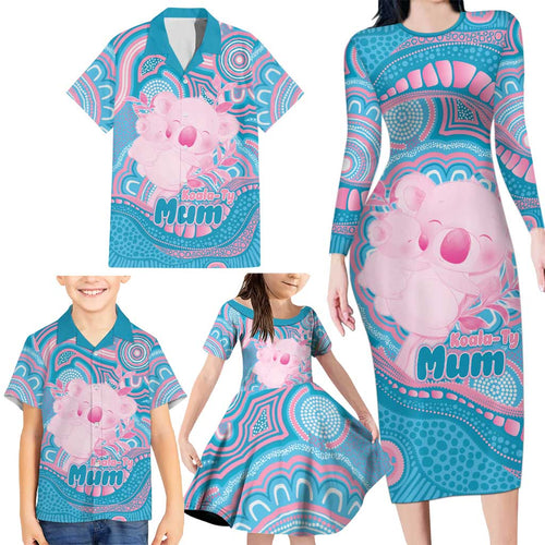 Koala Mum Australia Mother's Day Personalised Family Matching Long Sleeve Bodycon Dress and Hawaiian Shirt Pink and Blue Aboriginal Art