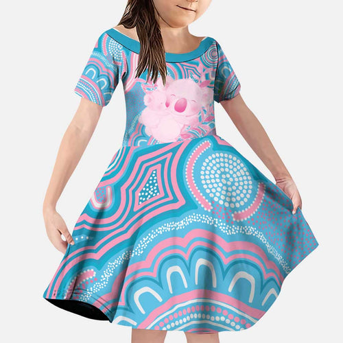 Koala Mum Australia Mother's Day Personalised Family Matching Long Sleeve Bodycon Dress and Hawaiian Shirt Pink and Blue Aboriginal Art
