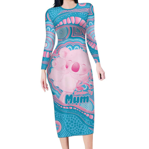 Koala Mum Australia Mother's Day Personalised Family Matching Long Sleeve Bodycon Dress and Hawaiian Shirt Pink and Blue Aboriginal Art