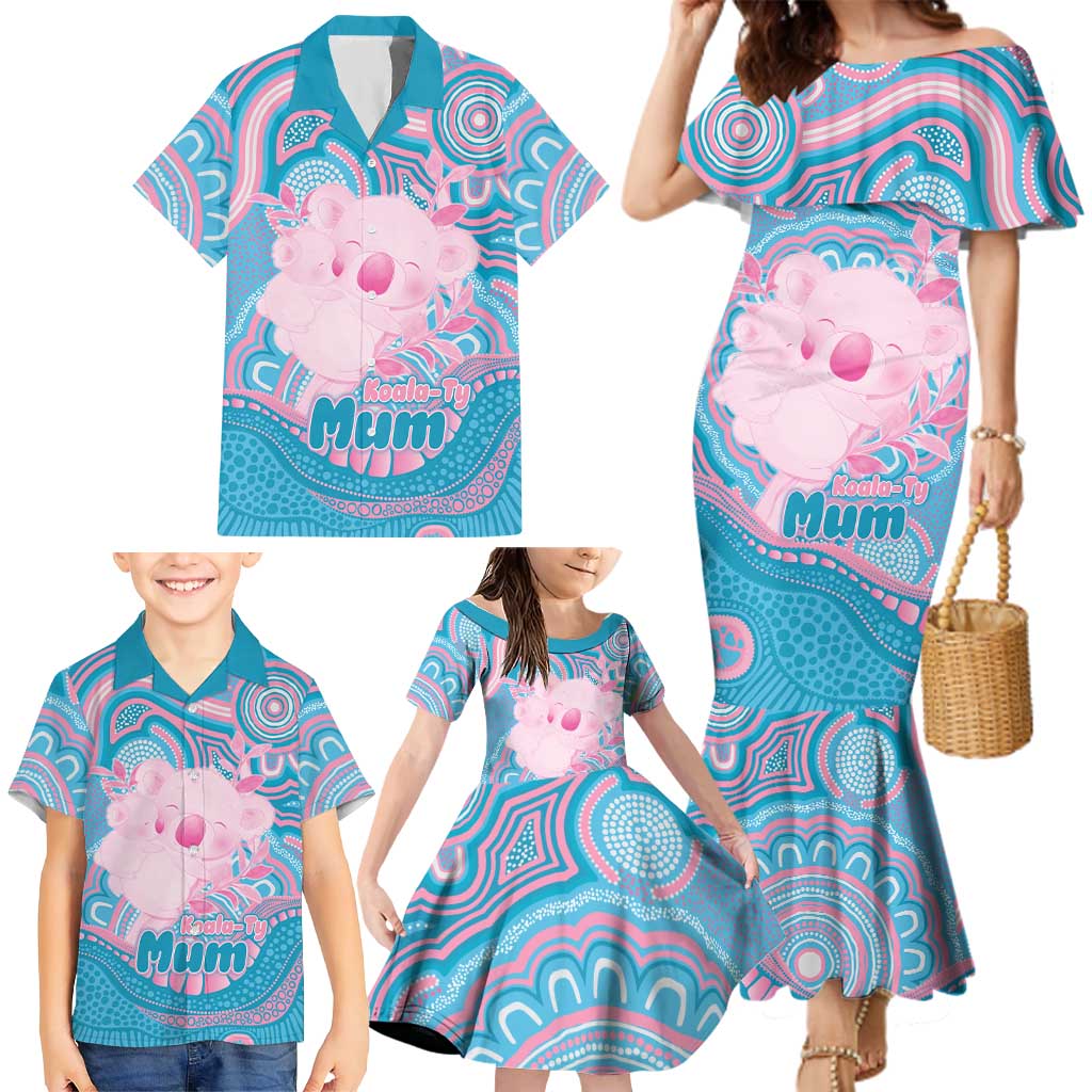 Koala Mum Australia Mother's Day Personalised Family Matching Mermaid Dress and Hawaiian Shirt Pink and Blue Aboriginal Art