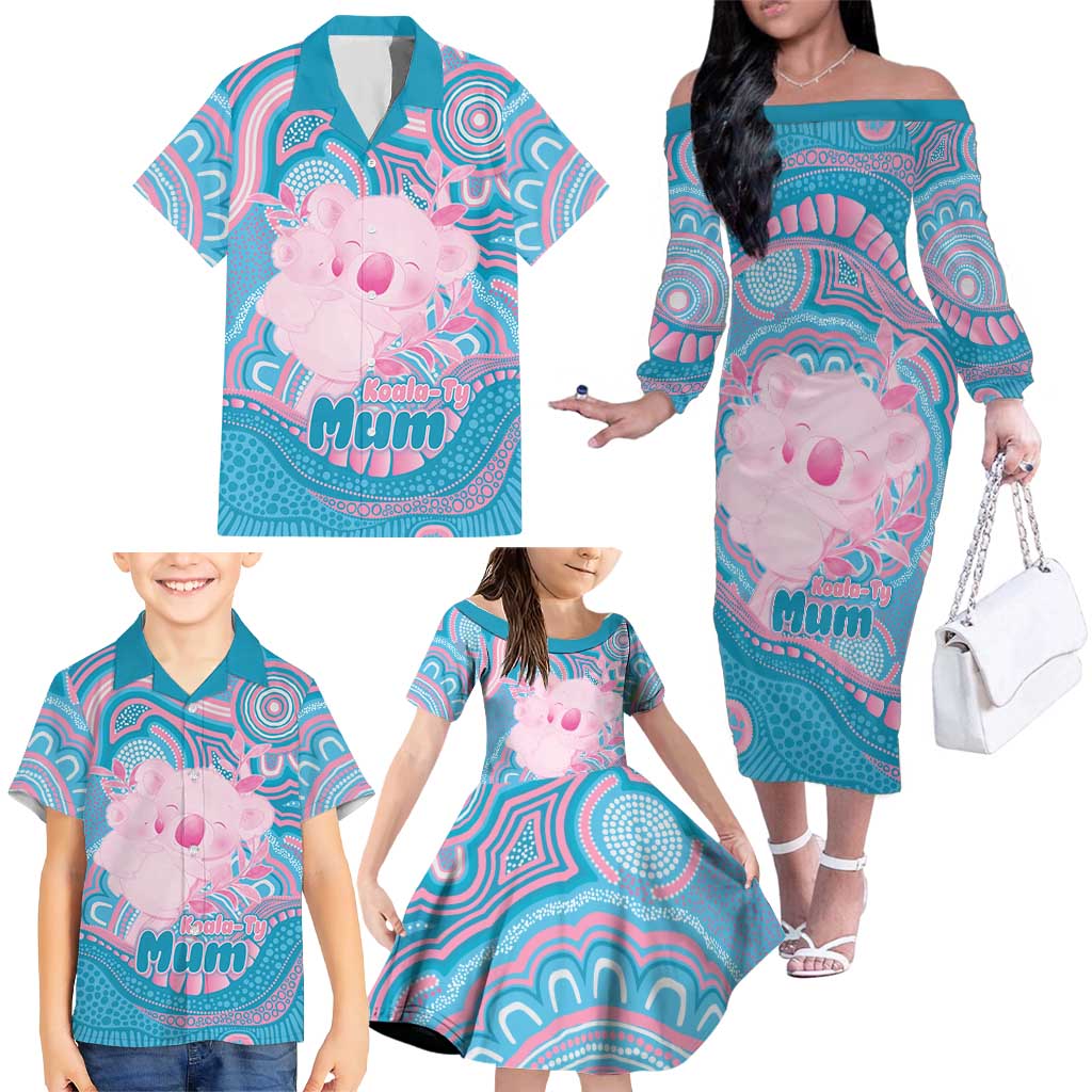 Koala Mum Australia Mother's Day Personalised Family Matching Off The Shoulder Long Sleeve Dress and Hawaiian Shirt Pink and Blue Aboriginal Art