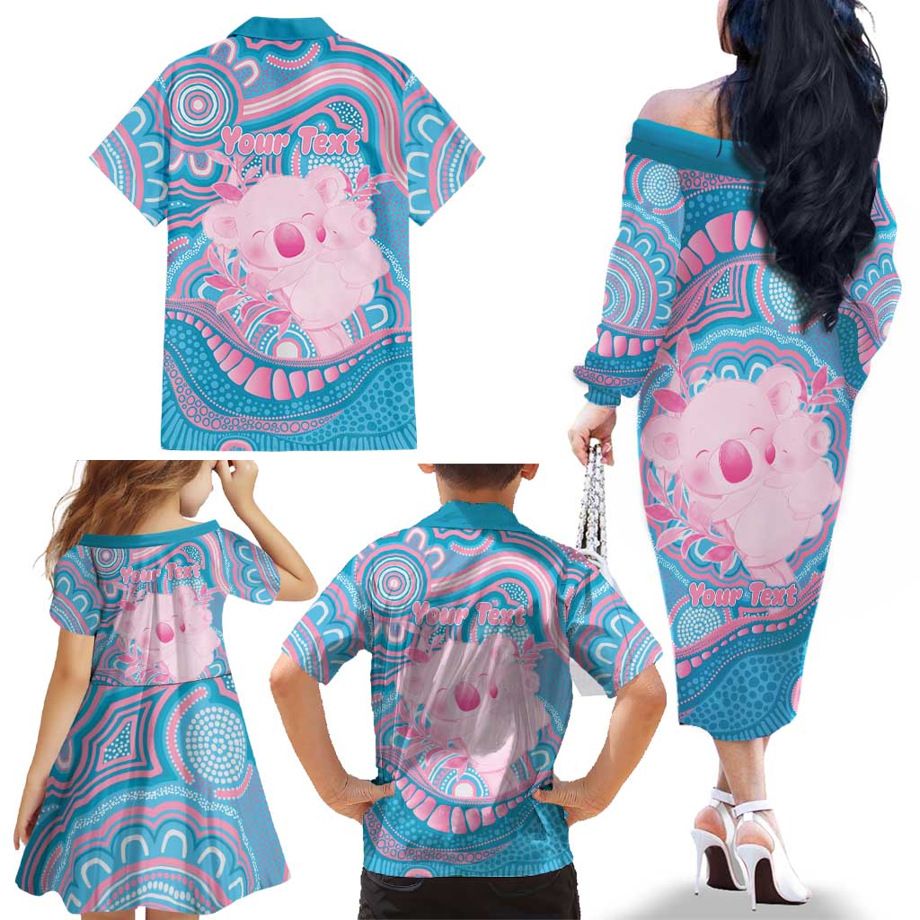 Koala Mum Australia Mother's Day Personalised Family Matching Off The Shoulder Long Sleeve Dress and Hawaiian Shirt Pink and Blue Aboriginal Art