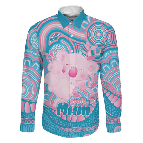 Koala Mum Australia Mother's Day Personalised Family Matching Off The Shoulder Long Sleeve Dress and Hawaiian Shirt Pink and Blue Aboriginal Art