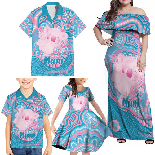 Koala Mum Australia Mother's Day Personalised Family Matching Off Shoulder Maxi Dress and Hawaiian Shirt Pink and Blue Aboriginal Art