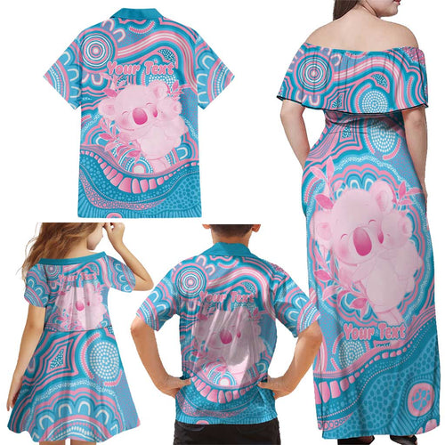 Koala Mum Australia Mother's Day Personalised Family Matching Off Shoulder Maxi Dress and Hawaiian Shirt Pink and Blue Aboriginal Art