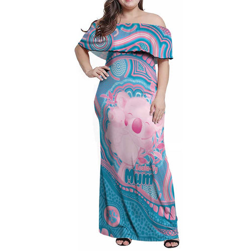 Koala Mum Australia Mother's Day Personalised Family Matching Off Shoulder Maxi Dress and Hawaiian Shirt Pink and Blue Aboriginal Art