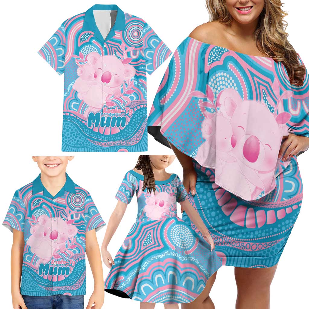 Koala Mum Australia Mother's Day Personalised Family Matching Off Shoulder Short Dress and Hawaiian Shirt Pink and Blue Aboriginal Art