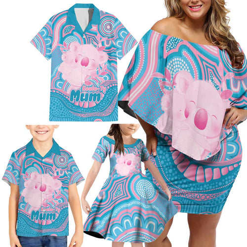 Koala Mum Australia Mother's Day Personalised Family Matching Off Shoulder Short Dress and Hawaiian Shirt Pink and Blue Aboriginal Art