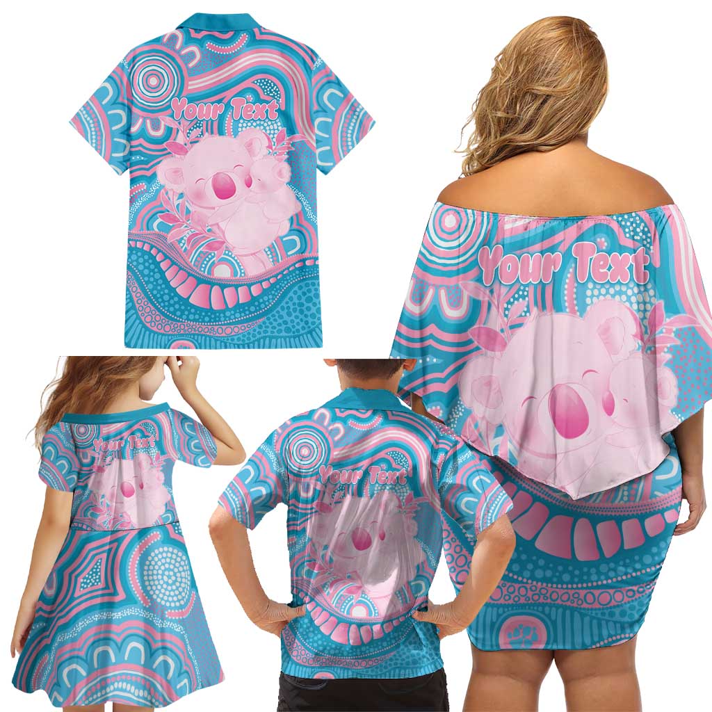 Koala Mum Australia Mother's Day Personalised Family Matching Off Shoulder Short Dress and Hawaiian Shirt Pink and Blue Aboriginal Art