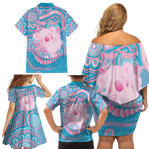 Koala Mum Australia Mother's Day Personalised Family Matching Off Shoulder Short Dress and Hawaiian Shirt Pink and Blue Aboriginal Art