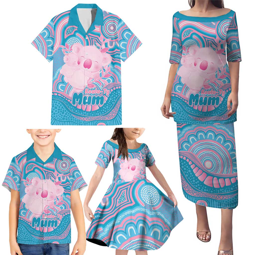 Koala Mum Australia Mother's Day Personalised Family Matching Puletasi and Hawaiian Shirt Pink and Blue Aboriginal Art