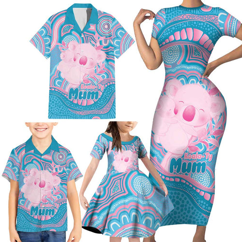 Koala Mum Australia Mother's Day Personalised Family Matching Short Sleeve Bodycon Dress and Hawaiian Shirt Pink and Blue Aboriginal Art