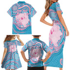 Koala Mum Australia Mother's Day Personalised Family Matching Short Sleeve Bodycon Dress and Hawaiian Shirt Pink and Blue Aboriginal Art