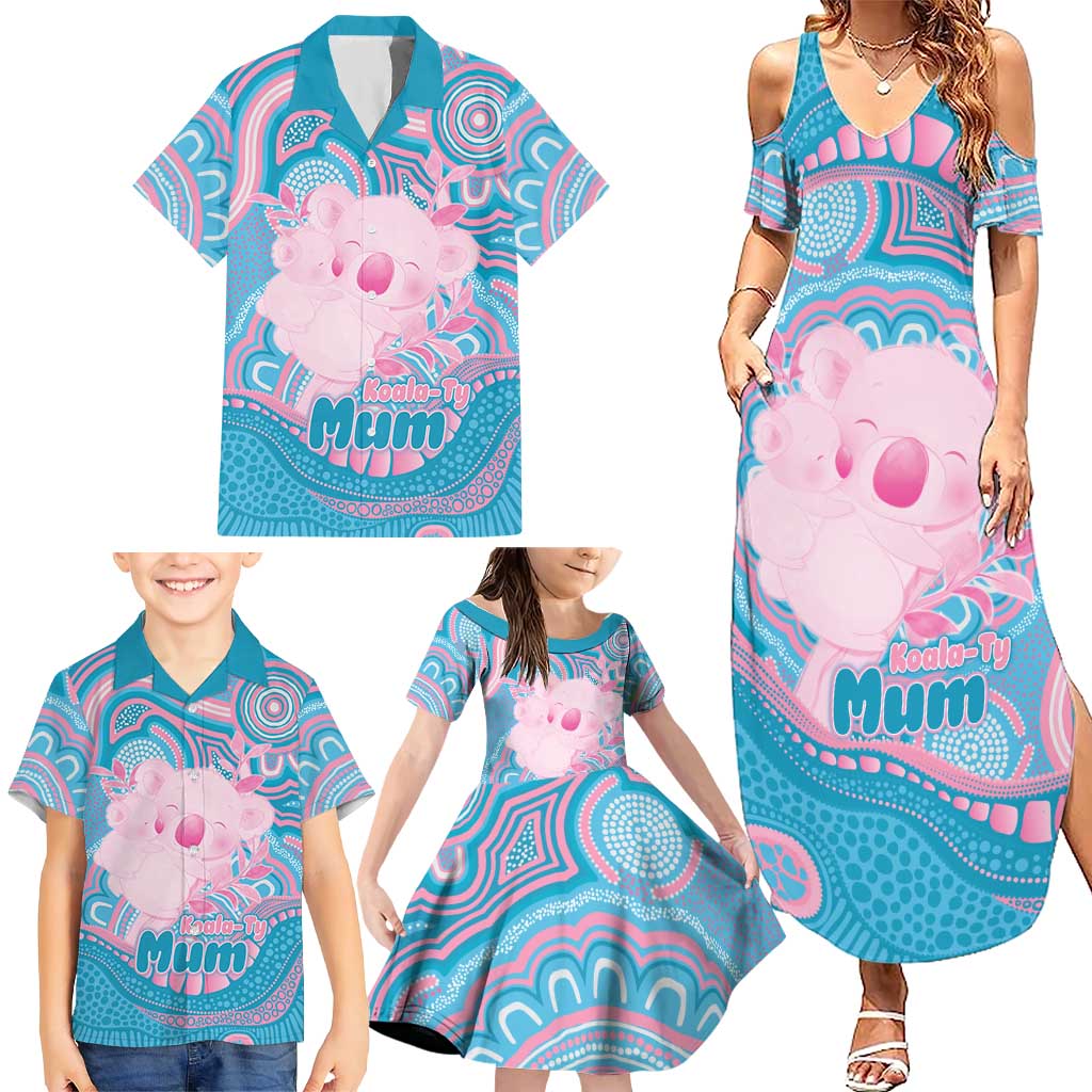 Koala Mum Australia Mother's Day Personalised Family Matching Summer Maxi Dress and Hawaiian Shirt Pink and Blue Aboriginal Art