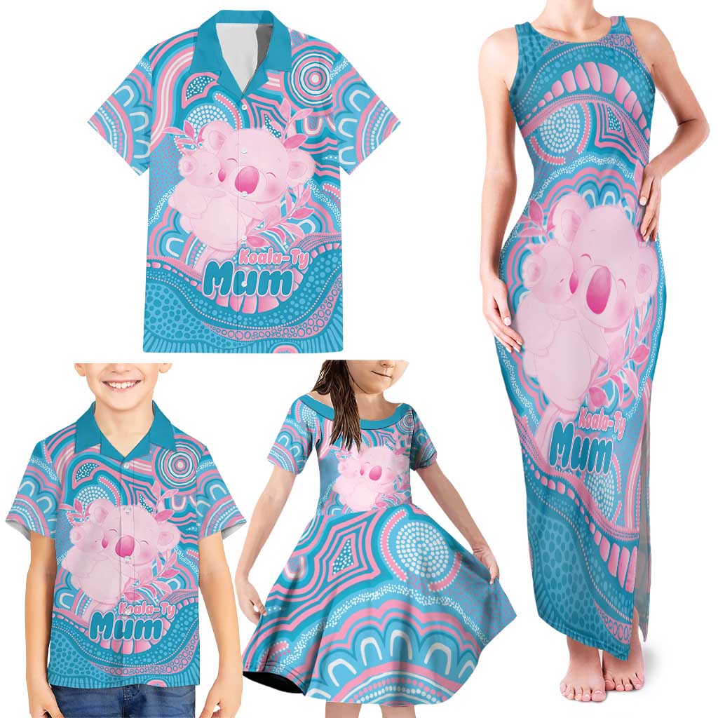 Koala Mum Australia Mother's Day Personalised Family Matching Tank Maxi Dress and Hawaiian Shirt Pink and Blue Aboriginal Art