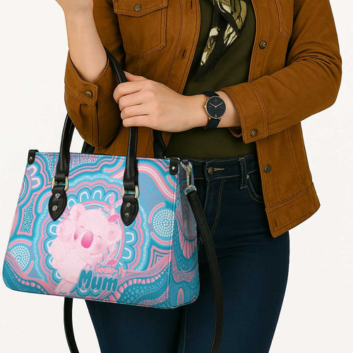 Koala Mum Australia Mother's Day Personalised Leather Bag Pink and Blue Aboriginal Art
