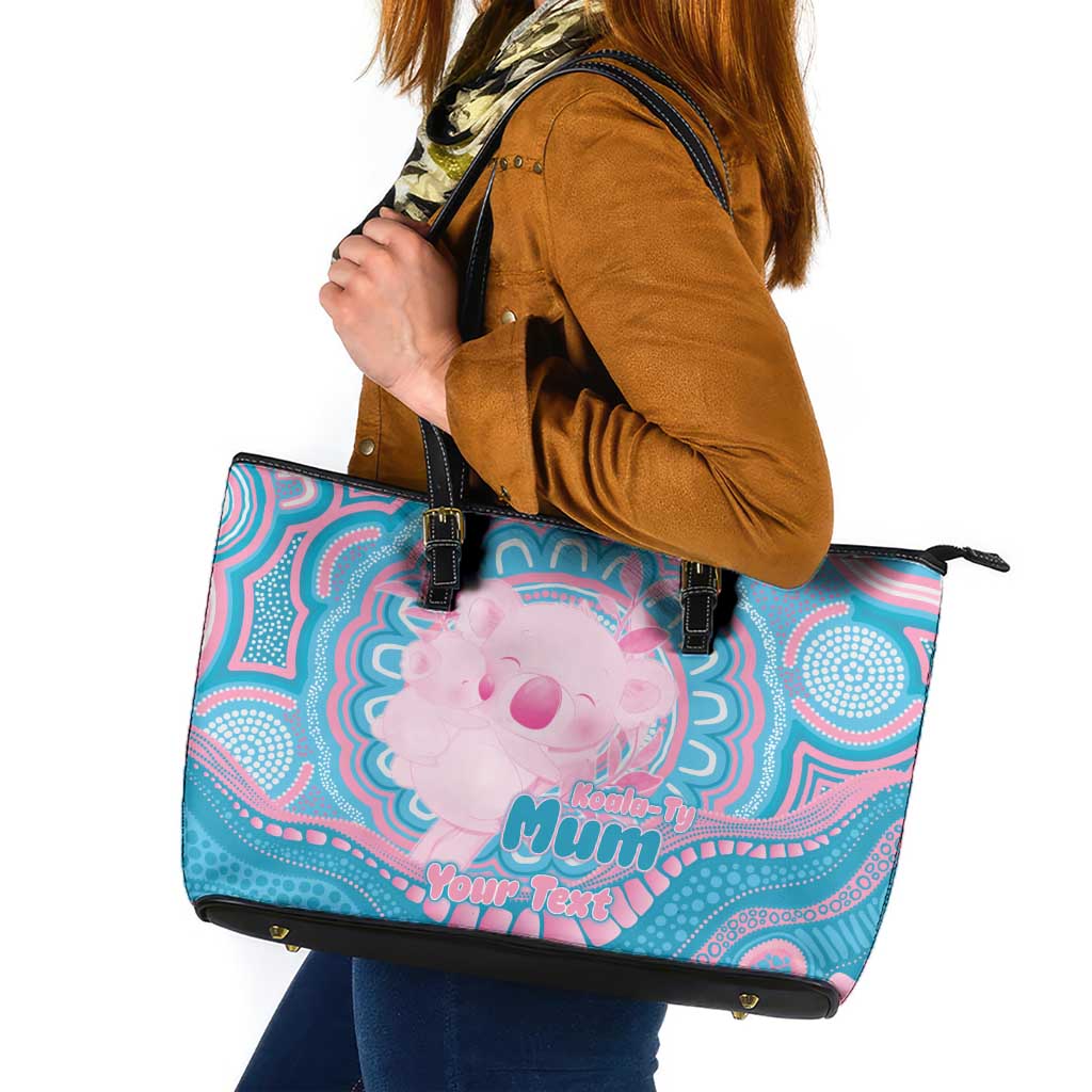 Koala Mum Australia Mother's Day Personalised Leather Tote Bag Pink and Blue Aboriginal Art