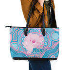 Koala Mum Australia Mother's Day Personalised Leather Tote Bag Pink and Blue Aboriginal Art