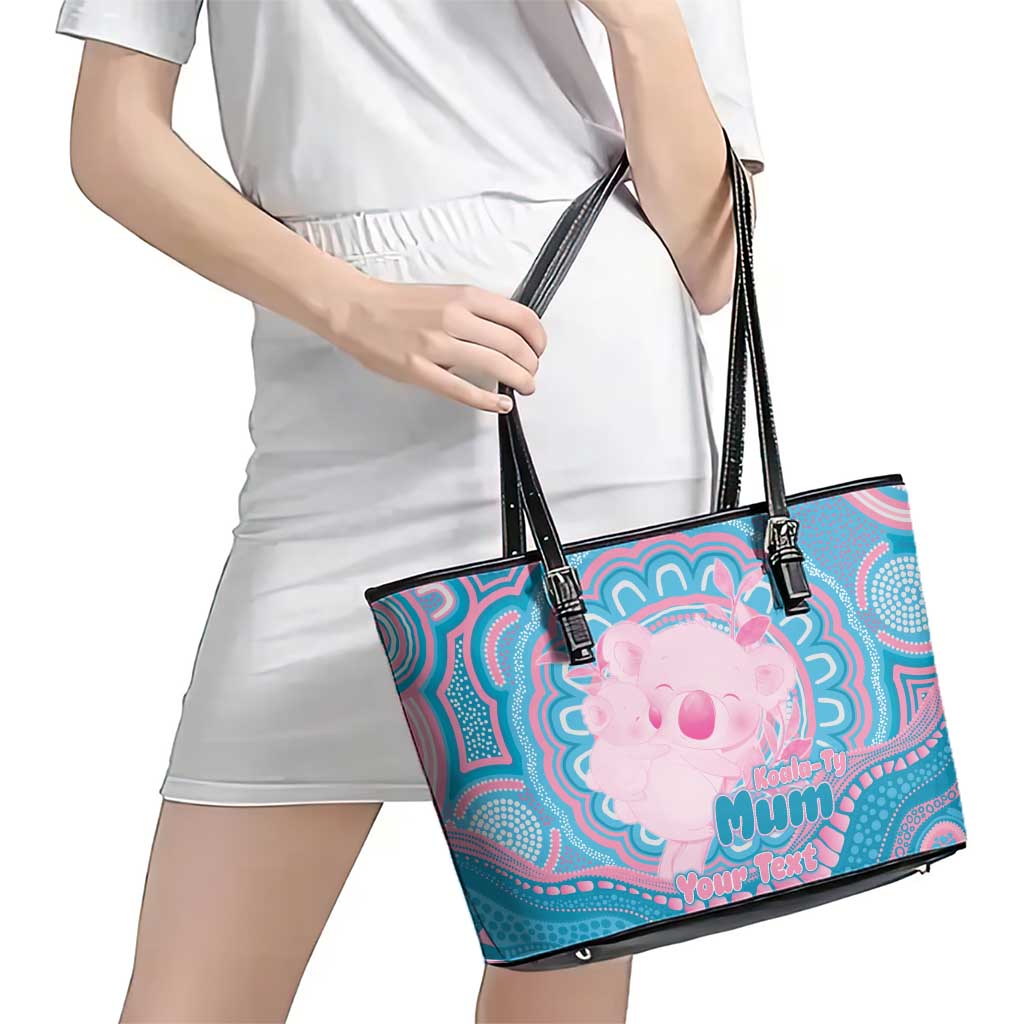 Koala Mum Australia Mother's Day Personalised Leather Tote Bag Pink and Blue Aboriginal Art
