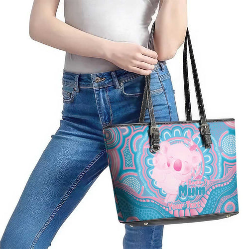 Koala Mum Australia Mother's Day Personalised Leather Tote Bag Pink and Blue Aboriginal Art