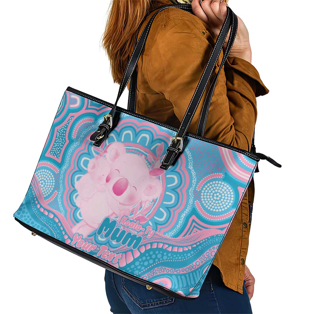 Koala Mum Australia Mother's Day Personalised Leather Tote Bag Pink and Blue Aboriginal Art