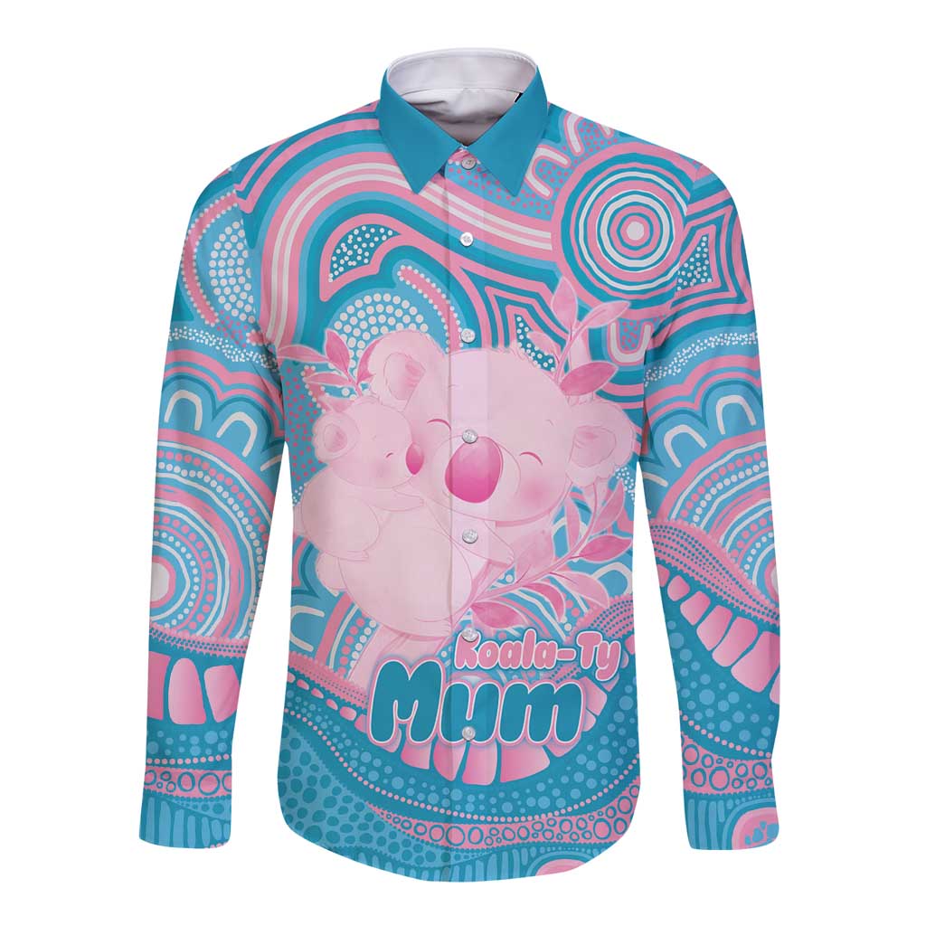 Koala Mum Australia Mother's Day Personalised Long Sleeve Button Shirt Pink and Blue Aboriginal Art