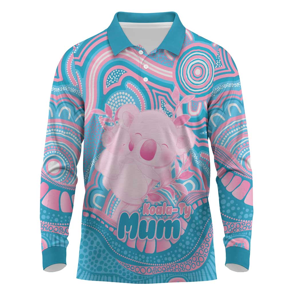 Koala Mum Australia Mother's Day Personalised Long Sleeve Polo Shirt Pink and Blue Aboriginal Art