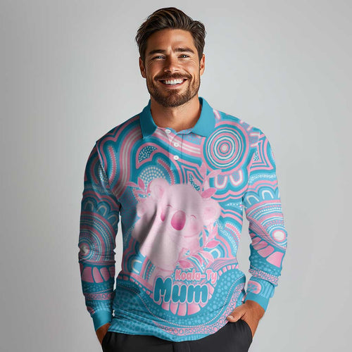 Koala Mum Australia Mother's Day Personalised Long Sleeve Polo Shirt Pink and Blue Aboriginal Art
