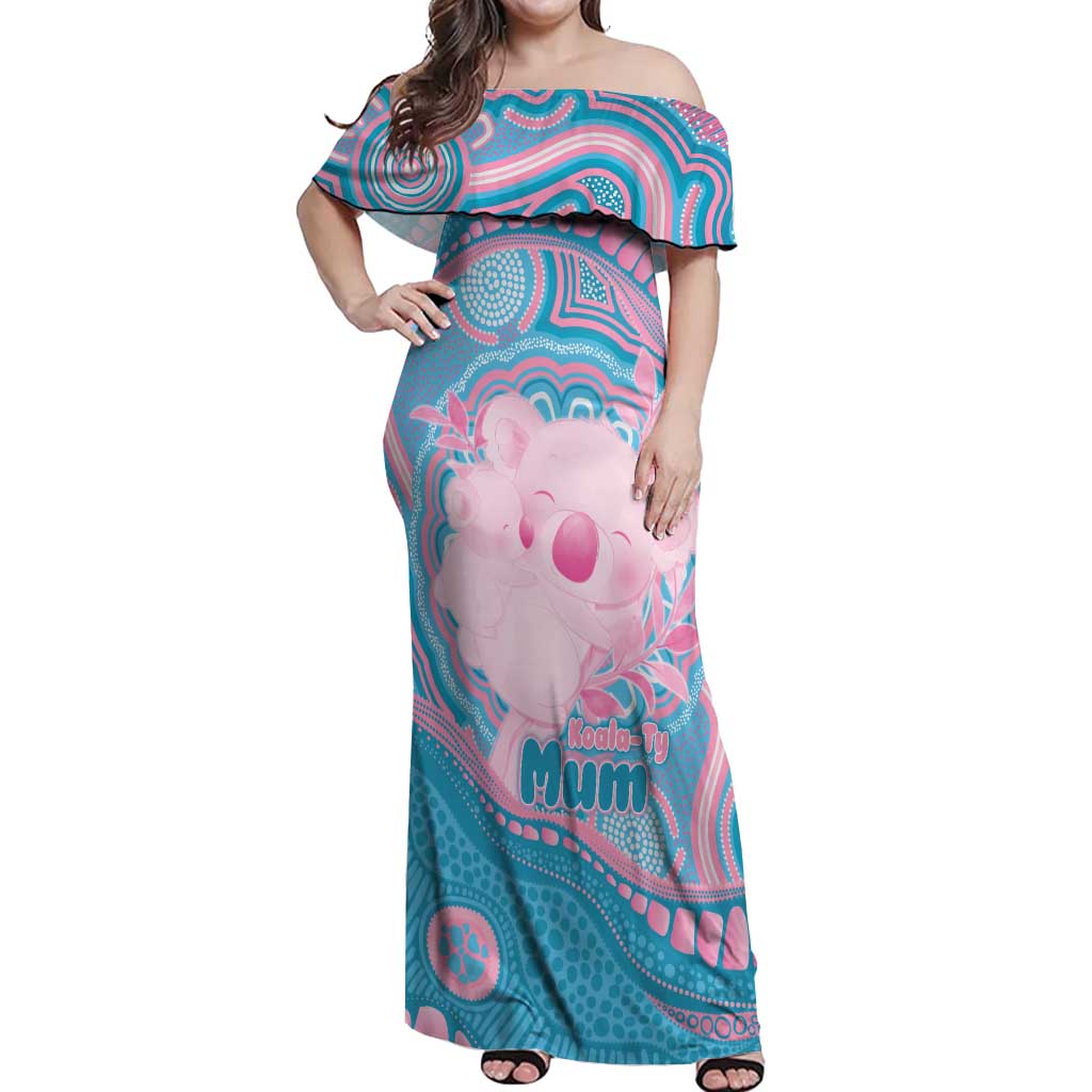 Koala Mum Australia Mother's Day Personalised Off Shoulder Maxi Dress Pink and Blue Aboriginal Art