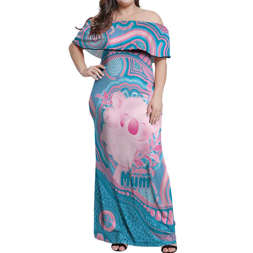 Koala Mum Australia Mother's Day Personalised Off Shoulder Maxi Dress Pink and Blue Aboriginal Art