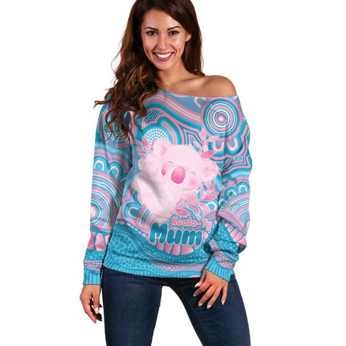 Koala Mum Australia Mother's Day Personalised Off Shoulder Sweater Pink and Blue Aboriginal Art