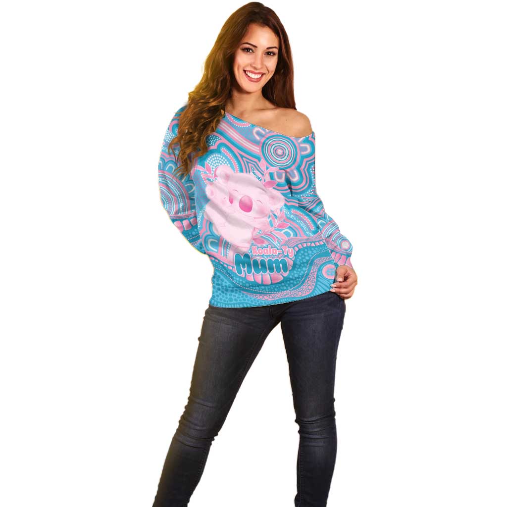 Koala Mum Australia Mother's Day Personalised Off Shoulder Sweater Pink and Blue Aboriginal Art