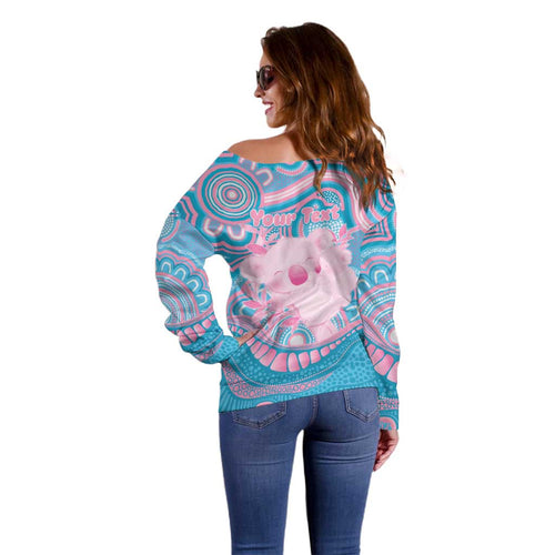 Koala Mum Australia Mother's Day Personalised Off Shoulder Sweater Pink and Blue Aboriginal Art