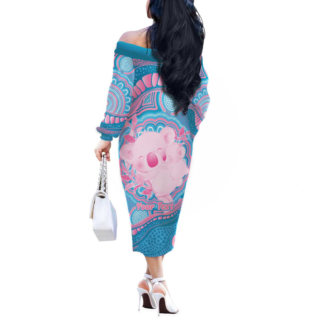 Koala Mum Australia Mother's Day Personalised Off The Shoulder Long Sleeve Dress Pink and Blue Aboriginal Art