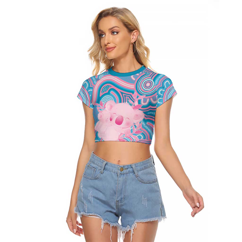 Koala Mum Australia Mother's Day Personalised Raglan Cropped T Shirt Pink and Blue Aboriginal Art
