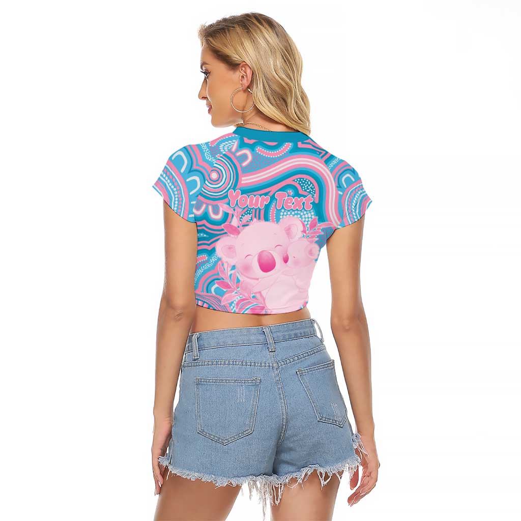 Koala Mum Australia Mother's Day Personalised Raglan Cropped T Shirt Pink and Blue Aboriginal Art