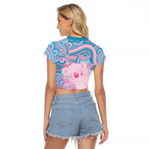 Koala Mum Australia Mother's Day Personalised Raglan Cropped T Shirt Pink and Blue Aboriginal Art