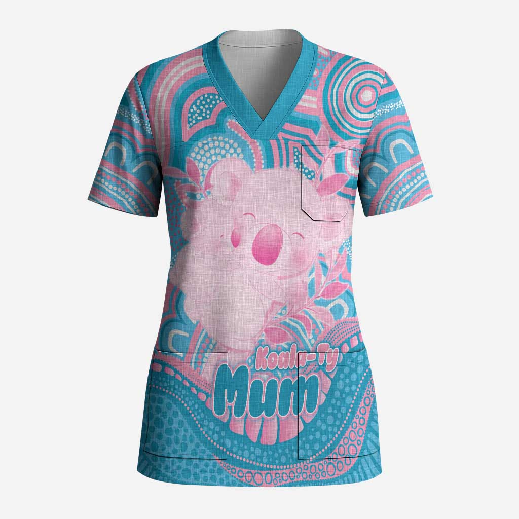 Koala Mum Australia Mother's Day Personalised Scrub Top Pink and Blue Aboriginal Art