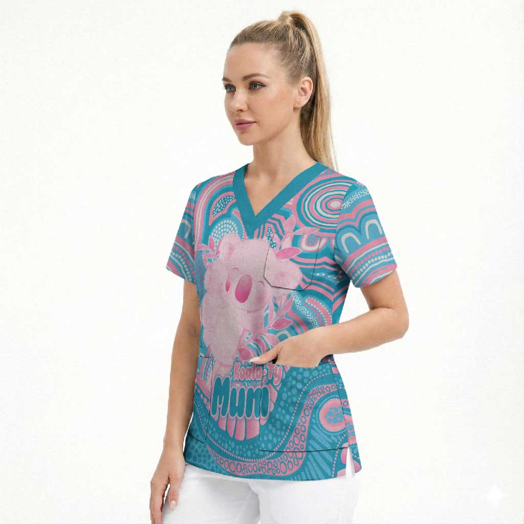 Koala Mum Australia Mother's Day Personalised Scrub Top Pink and Blue Aboriginal Art