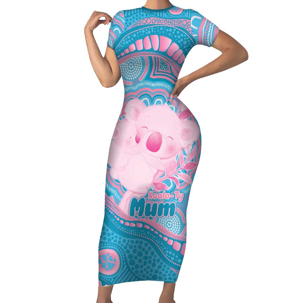 Koala Mum Australia Mother's Day Personalised Short Sleeve Bodycon Dress Pink and Blue Aboriginal Art