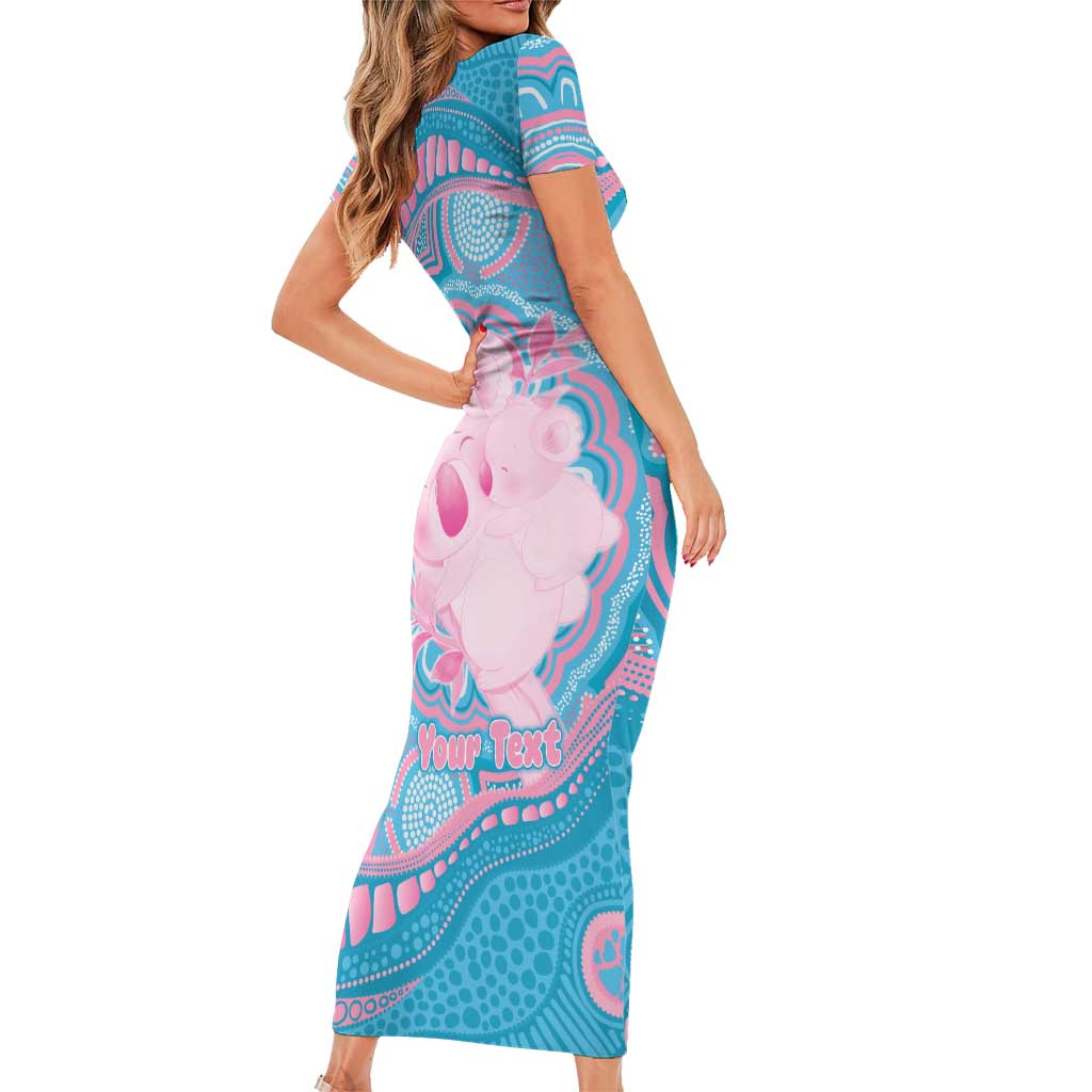Koala Mum Australia Mother's Day Personalised Short Sleeve Bodycon Dress Pink and Blue Aboriginal Art