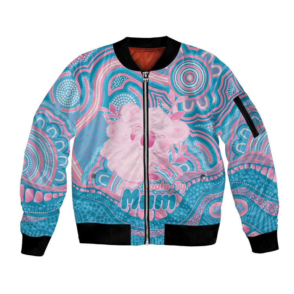 Koala Mum Australia Mother's Day Personalised Sleeve Zip Bomber Jacket Pink and Blue Aboriginal Art